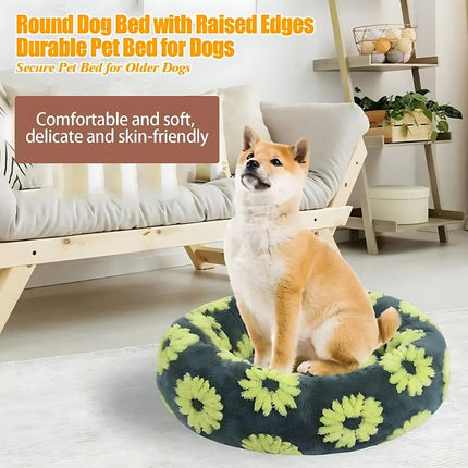 Plush Cozy Round Bed | Calming Donut Design | Anti-Slip Base | Sherpa Fabric | Ideal for Small Dogs & Cats | Supports Head & Neck | Washable Cover | 20"x20" | Perfect Pet Retreat | Up to 15 lbs