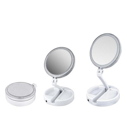 LED Folding Travel Vanity Mirror | 10X Magnification with 1X Full-Face Reflection | Portable Makeup Mirror with Corded/Cordless Operation | Adjustable Tilt and Height | Double-Sided LED Light | White