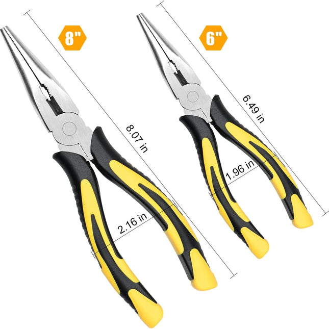 Long Needle Nose Pliers | 8” & 6” Precision Tools | Carbon Steel | TPR Handle | Force-Saving Spring | Sharp Blade | Non-Slip Grip | Strong Cutting Force | Easy Use in Tight Spaces | Heavy-Duty Pliers