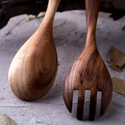 Natural Acacia Wood | Handcrafted Salad Spoon & Fork Set | Scratch & Water Resistant | 26cm Serving Utensils | Lightweight & Antibacterial | Perfect for Kitchen, Dining & Housewarming Gifts