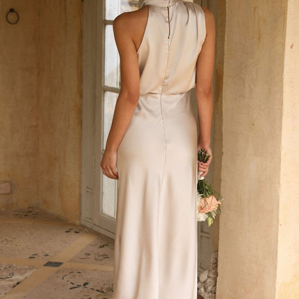 Elegant Esther Maxi Dress | High Neck Drape | Asymmetrical Shoulder | Champagne | Wedding Festivities | Invisible Zipper & Button | Elasticated Waist | 100% Polyester