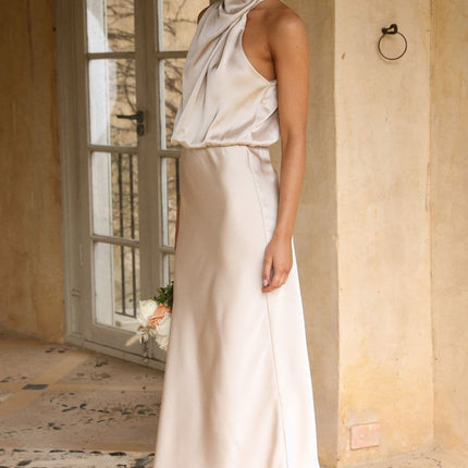 Elegant Esther Maxi Dress | High Neck Drape | Asymmetrical Shoulder | Champagne | Wedding Festivities | Invisible Zipper & Button | Elasticated Waist | 100% Polyester