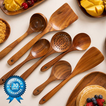 Teak Wooden Cooking Utensil Set | Scratch Resistant | Heat Resistant | Durable Wood | Non-Stick Friendly | Kitchen Declutter Solution | Healthier Kitchen Choice
