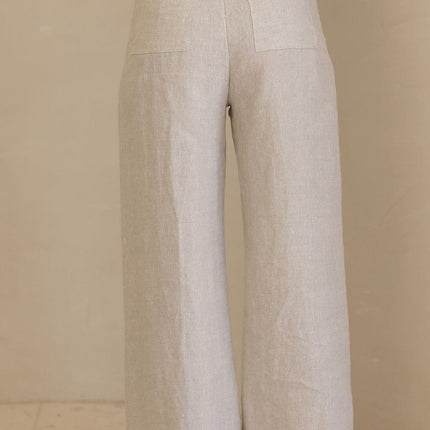 High Waisted Wide Leg Pants | Full Length Oatmeal Linen Trousers | Invisible Back Zipper | Functional Back Pockets | Sizes 6-16