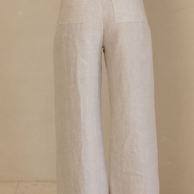 High Waisted Wide Leg Pants | Full Length Oatmeal Linen Trousers | Invisible Back Zipper | Functional Back Pockets | Sizes 6-16