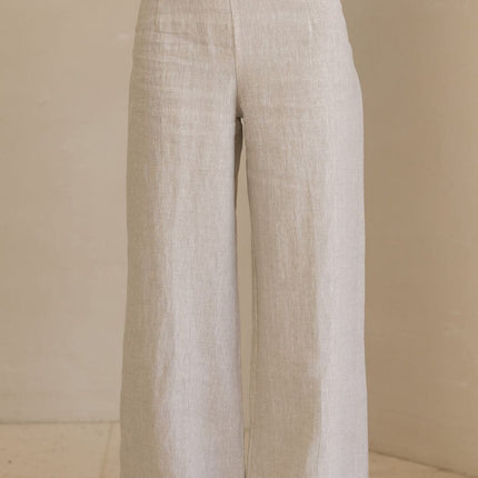 High Waisted Wide Leg Pants | Full Length Oatmeal Linen Trousers | Invisible Back Zipper | Functional Back Pockets | Sizes 6-16