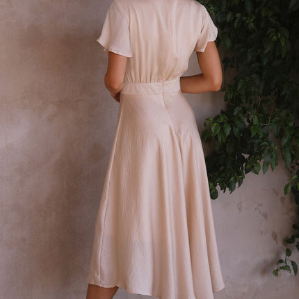 Women's High-Low Satin Dress | Sunny Daze | Champagne | Butterfly Sleeves | Fitted Waistband | Occasion Wear