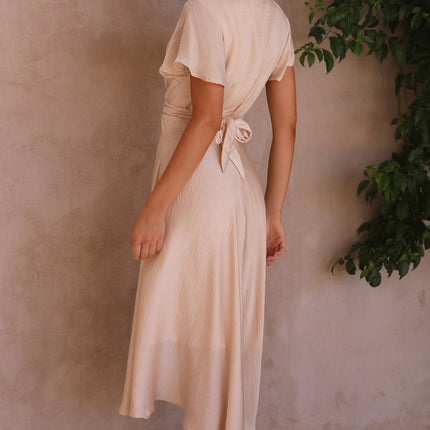 Women's High-Low Satin Dress | Sunny Daze | Champagne | Butterfly Sleeves | Fitted Waistband | Occasion Wear