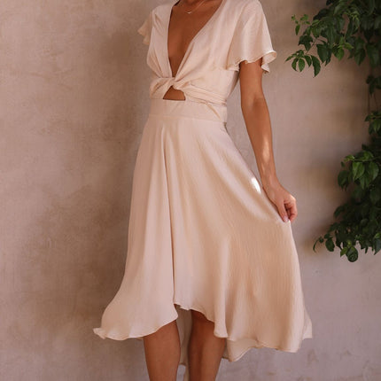 Women's High-Low Satin Dress | Sunny Daze | Champagne | Butterfly Sleeves | Fitted Waistband | Occasion Wear