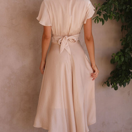 Women's High-Low Satin Dress | Sunny Daze | Champagne | Butterfly Sleeves | Fitted Waistband | Occasion Wear