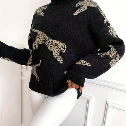 Women's Long Sleeve Turtleneck | Leopard Print | Snug Fit | Elegant Autumn Winter Sweater