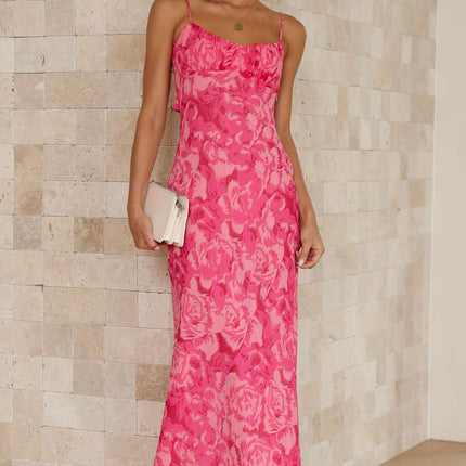 Pink Floral Midi Dress | Adjustable Straps | Open Back with Twisted Strap | Soft Padded Bust | Gathered Detailing | 100% Polyester