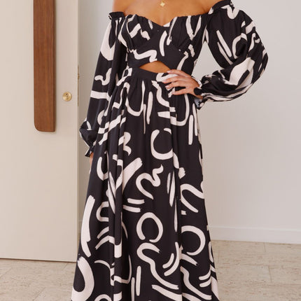 Black Maxi Dress | Balloon Sleeves | Elasticated Cuffs | Shirred Back | Waist Cut Out | Side Slit | 100% Polyester | Runs Large | Elegant Evening Gown