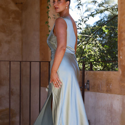 Victoria Maxi Dress | Sage Green | Elegant One Shoulder Design | Gathered Waist | Side Leg Split | Invisible Zipper | Lined Polyester Fabric | Perfect for Special Occasions