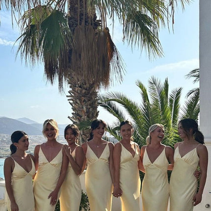 Ziah | Yellow Maxi Dress | Deep V-Neckline | Thin Elastic Straps | Silky Feel | Billy J Exclusive | Invisible Side Zipper | Lined | Perfect for Formal Events | Style with Nude Heels and Gold Accessories | 100% Polyester