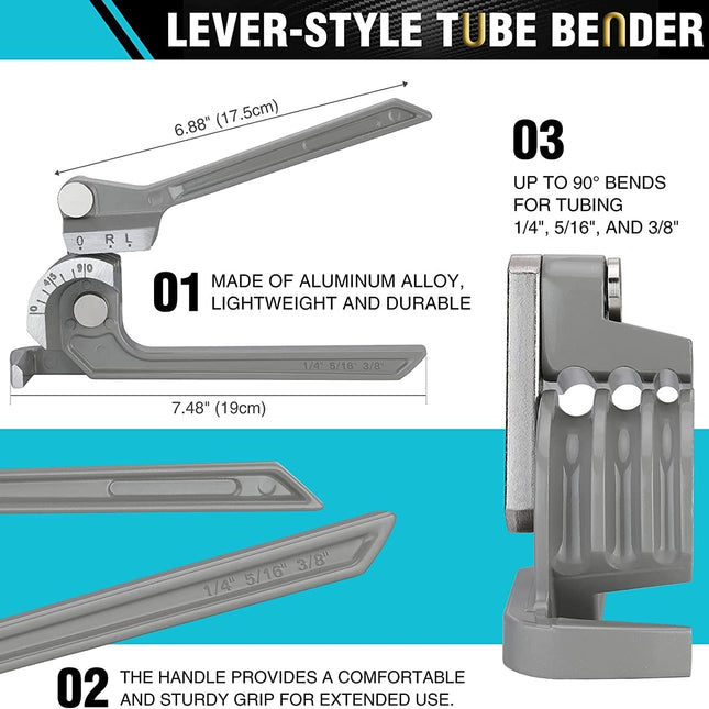 3-in-1 Tube Bender | 1/4" 5/16" 3/8" Bending Tool | For Copper Brass Aluminum Thin Steel | Lightweight Grey Aluminum | Ergonomic Handle | Precision Marks | Up to 90° Bends | Plumbing DIY Automotive