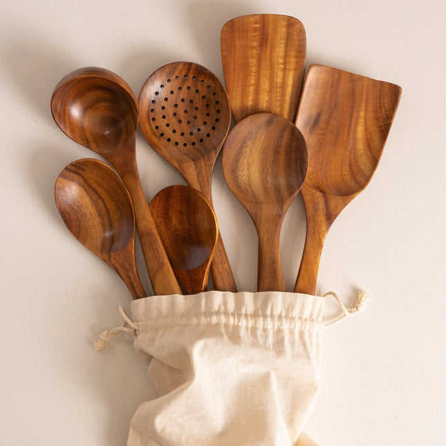 Teak Wooden Cooking Utensil Set | Scratch Resistant | Heat Resistant | Durable Wood | Non-Stick Friendly | Kitchen Declutter Solution | Healthier Kitchen Choice