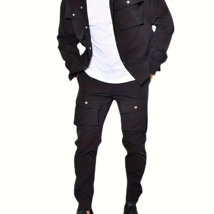 Heren Casual Twee-delige Set, Basic Stijl, Beige Werkjas En Joggingbroek Combo Met Meerdere Zakken, Comfortabele Pasvorm, Voor Lente Herfst Winter - Visconte