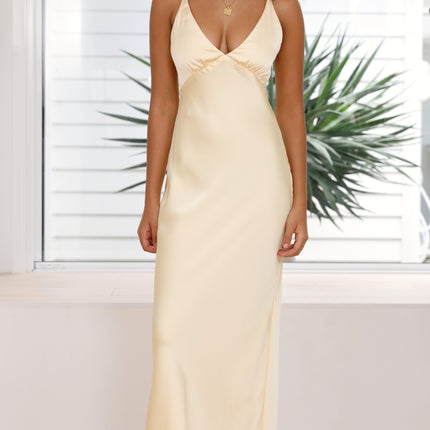 Ziah | Yellow Maxi Dress | Deep V-Neckline | Thin Elastic Straps | Silky Feel | Billy J Exclusive | Invisible Side Zipper | Lined | Perfect for Formal Events | Style with Nude Heels and Gold Accessories | 100% Polyester