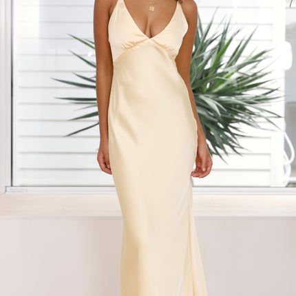 Ziah | Yellow Maxi Dress | Deep V-Neckline | Thin Elastic Straps | Silky Feel | Billy J Exclusive | Invisible Side Zipper | Lined | Perfect for Formal Events | Style with Nude Heels and Gold Accessories | 100% Polyester