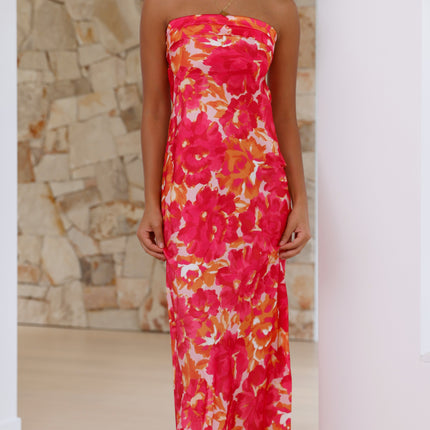 Strapless Maxi Dress | Pink/Red Floral | Folded Bust Detail | Scooped Cowl Back | Silky Polyester | Special Occasion | Elegant Open Back | Standard Sizing