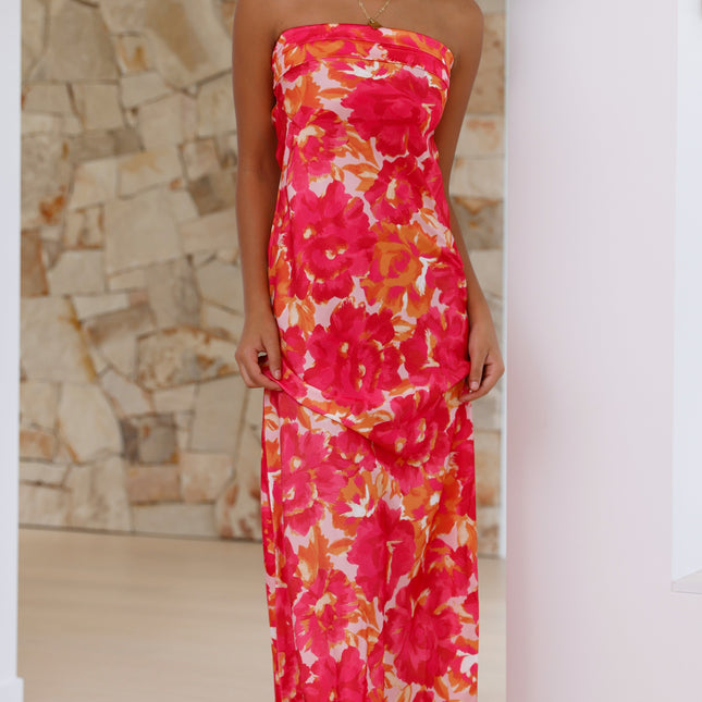 Strapless Maxi Dress | Pink/Red Floral | Folded Bust Detail | Scooped Cowl Back | Silky Polyester | Special Occasion | Elegant Open Back | Standard Sizing