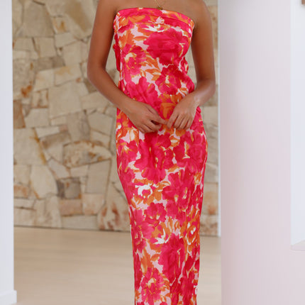Strapless Maxi Dress | Pink/Red Floral | Folded Bust Detail | Scooped Cowl Back | Silky Polyester | Special Occasion | Elegant Open Back | Standard Sizing