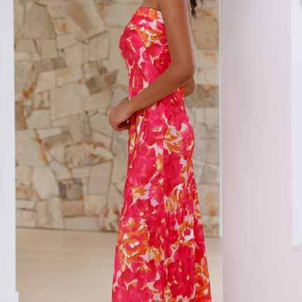 Strapless Maxi Dress | Pink/Red Floral | Folded Bust Detail | Scooped Cowl Back | Silky Polyester | Special Occasion | Elegant Open Back | Standard Sizing