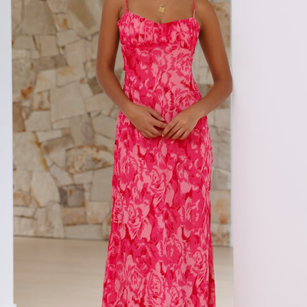 Pink Floral Midi Dress | Adjustable Straps | Open Back with Twisted Strap | Soft Padded Bust | Gathered Detailing | 100% Polyester