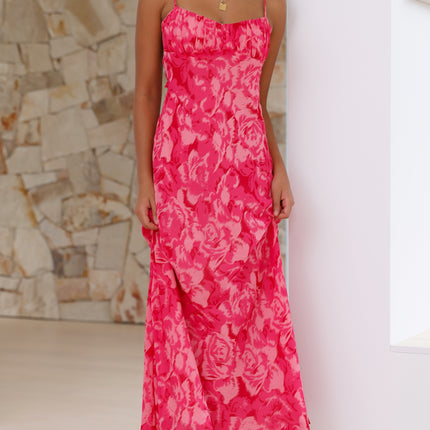 Pink Floral Midi Dress | Adjustable Straps | Open Back with Twisted Strap | Soft Padded Bust | Gathered Detailing | 100% Polyester