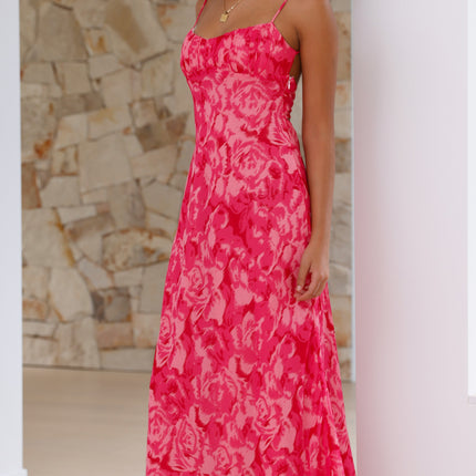Pink Floral Midi Dress | Adjustable Straps | Open Back with Twisted Strap | Soft Padded Bust | Gathered Detailing | 100% Polyester