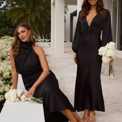 Esther Black Dress | Elegant Maxi | High Neck | Asymmetrical Shoulder | Elastic Waist | Polyester | Wedding Festive Fashion | Invisible Zipper & Button Closure | Versatile Evening Wear