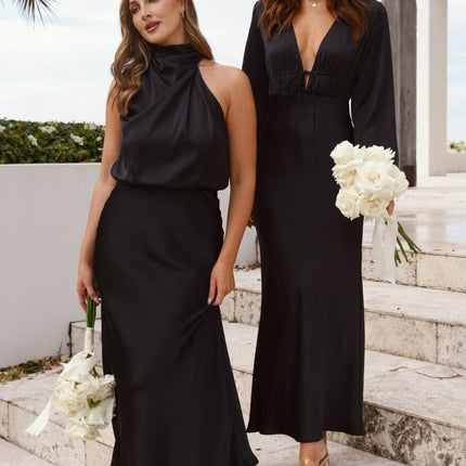 Esther Black Dress | Elegant Maxi | High Neck | Asymmetrical Shoulder | Elastic Waist | Polyester | Wedding Festive Fashion | Invisible Zipper & Button Closure | Versatile Evening Wear