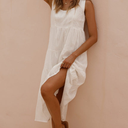 White Liza Midi Dress | Cotton Fabric | Tiered Skirt | Subtle Floral Pattern | Square Neckline | Thick Straps | Relaxed Fit | Mid-Length | Perfect for Summer and Maternity | Versatile and Comfortable
