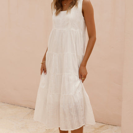 White Liza Midi Dress | Cotton Fabric | Tiered Skirt | Subtle Floral Pattern | Square Neckline | Thick Straps | Relaxed Fit | Mid-Length | Perfect for Summer and Maternity | Versatile and Comfortable