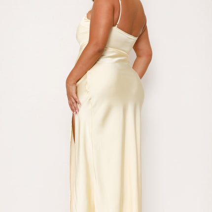Ilana Elegant Yellow Maxi | Square Neckline | Adjustable Straps | Pleat Detail | Side Leg Split | Hidden Zip | Lined Bust | Polyester