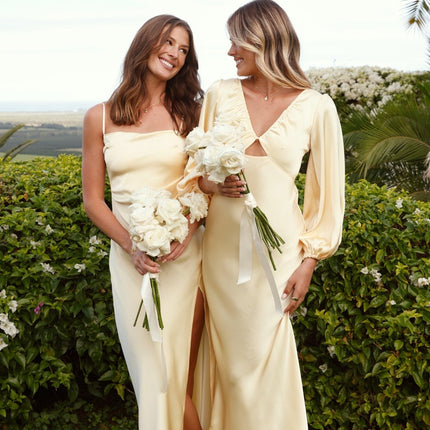 Ilana Elegant Yellow Maxi | Square Neckline | Adjustable Straps | Pleat Detail | Side Leg Split | Hidden Zip | Lined Bust | Polyester