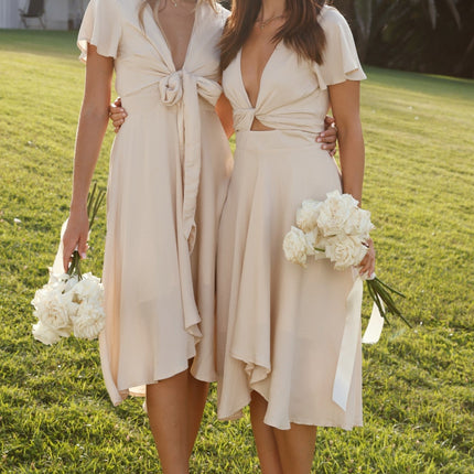 Women's High-Low Satin Dress | Sunny Daze | Champagne | Butterfly Sleeves | Fitted Waistband | Occasion Wear