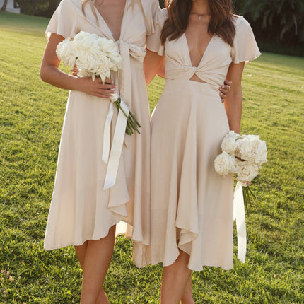 Women's High-Low Satin Dress | Sunny Daze | Champagne | Butterfly Sleeves | Fitted Waistband | Occasion Wear