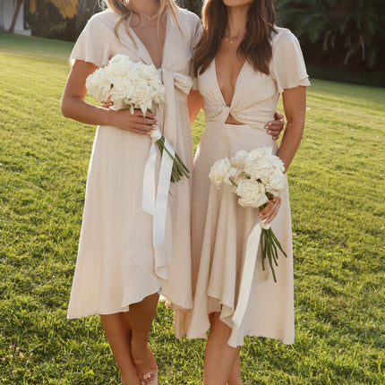 Women's High-Low Satin Dress | Sunny Daze | Champagne | Butterfly Sleeves | Fitted Waistband | Occasion Wear