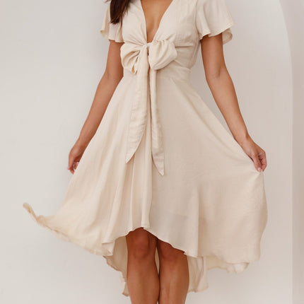 Women's High-Low Satin Dress | Sunny Daze | Champagne | Butterfly Sleeves | Fitted Waistband | Occasion Wear