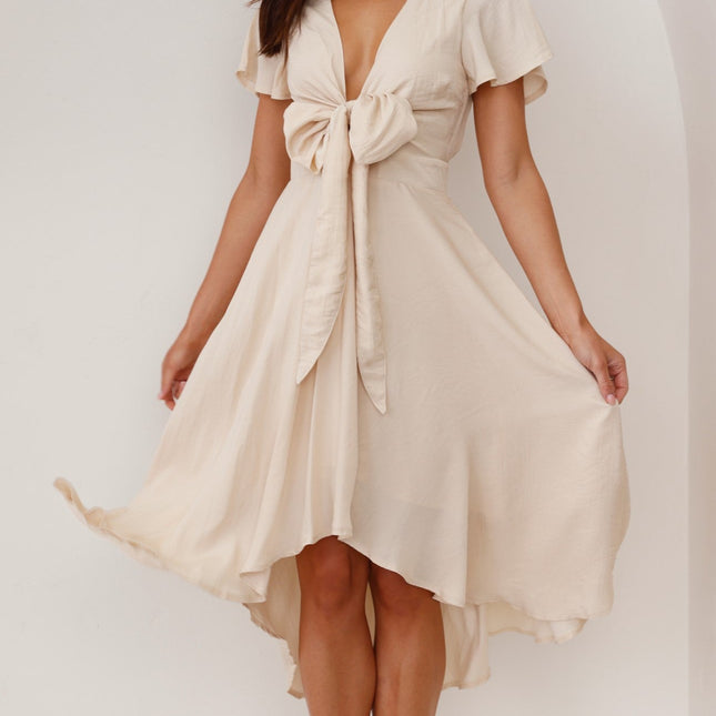 Women's High-Low Satin Dress | Sunny Daze | Champagne | Butterfly Sleeves | Fitted Waistband | Occasion Wear