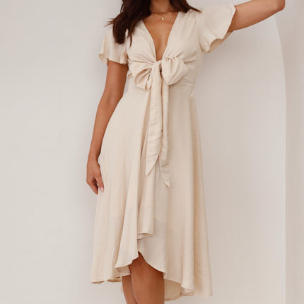 Women's High-Low Satin Dress | Sunny Daze | Champagne | Butterfly Sleeves | Fitted Waistband | Occasion Wear