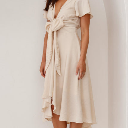 Women's High-Low Satin Dress | Sunny Daze | Champagne | Butterfly Sleeves | Fitted Waistband | Occasion Wear