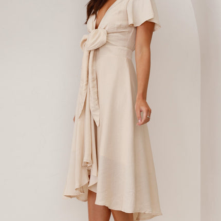 Women's High-Low Satin Dress | Sunny Daze | Champagne | Butterfly Sleeves | Fitted Waistband | Occasion Wear