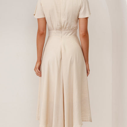Women's High-Low Satin Dress | Sunny Daze | Champagne | Butterfly Sleeves | Fitted Waistband | Occasion Wear