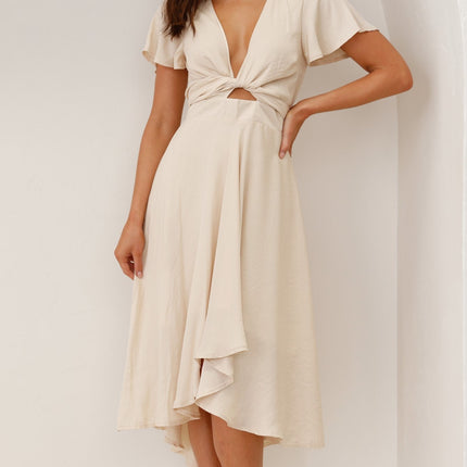 Women's High-Low Satin Dress | Sunny Daze | Champagne | Butterfly Sleeves | Fitted Waistband | Occasion Wear