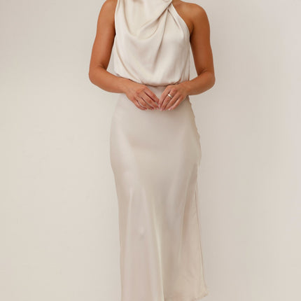 Elegant Esther Maxi Dress | High Neck Drape | Asymmetrical Shoulder | Champagne | Wedding Festivities | Invisible Zipper & Button | Elasticated Waist | 100% Polyester