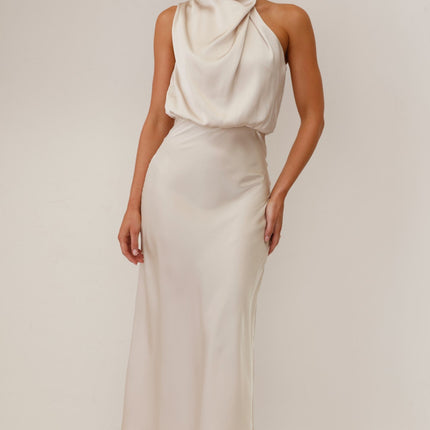 Elegant Esther Maxi Dress | High Neck Drape | Asymmetrical Shoulder | Champagne | Wedding Festivities | Invisible Zipper & Button | Elasticated Waist | 100% Polyester