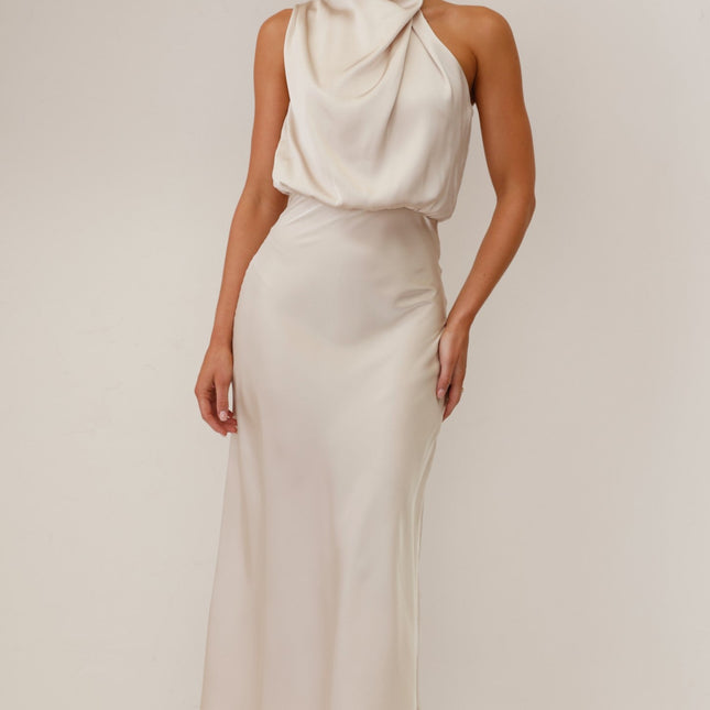 Elegant Esther Maxi Dress | High Neck Drape | Asymmetrical Shoulder | Champagne | Wedding Festivities | Invisible Zipper & Button | Elasticated Waist | 100% Polyester